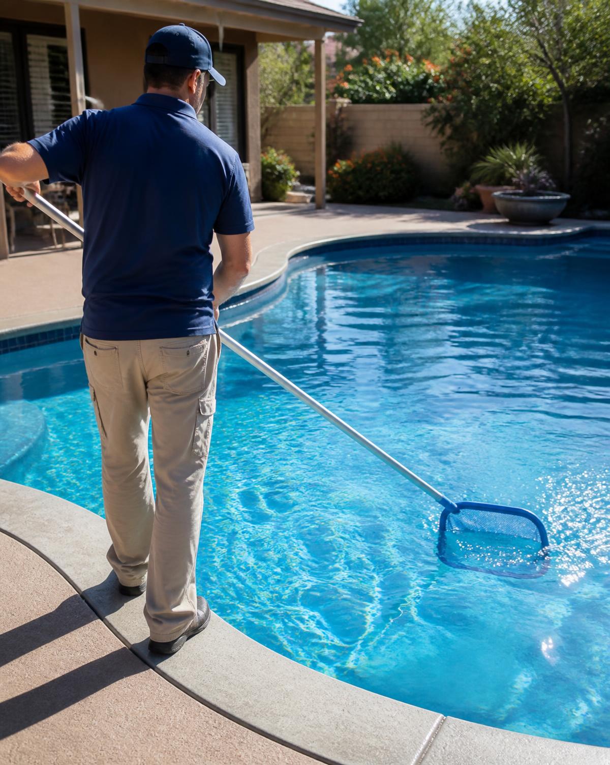Pool technician skimming the surface of a clean blue inground pool